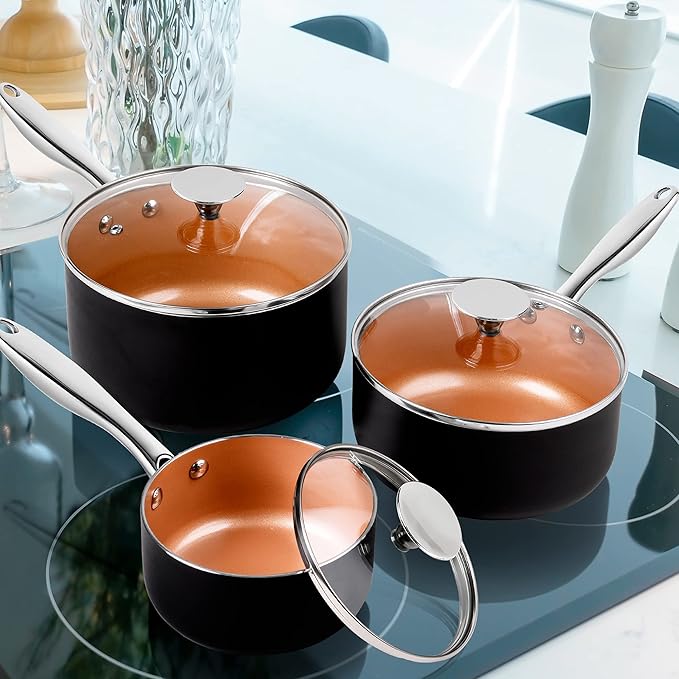 MICHELANGELO Sauce Pan Set, Ultra Nonstick Saucepan Set of 3, Ceramic Saucepans with Lids, 1 Qt & 2 Qt & 3 Qt Small Pot Set, Copper Sauce Pan with Lid - Image 7