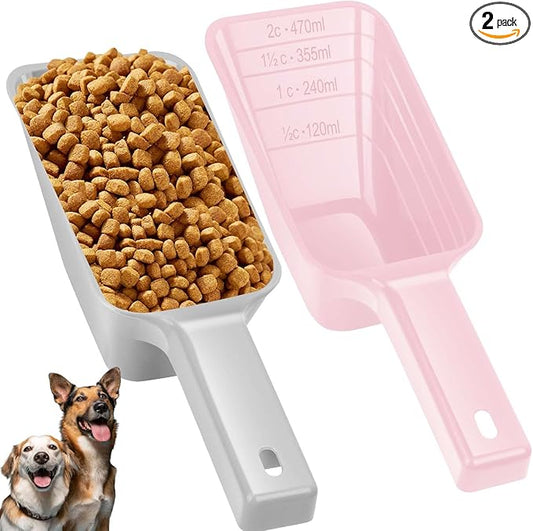 2 Cup Dog Food Scoop(2 Pack), Plastic Pet Food Scoop with Measuring Lines for Accurate Pet Food Portions,Dishwasher Safe (Grey and Pink) by Aosnare