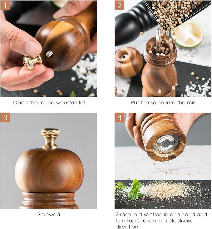BILL.F Salt and Pepper Grinder Wooden Black Pepper Mill Grinder Salt Pepper Shakers Set of 2 with Adjustable Ceramic Rotor- 7 Inch - Image 6
