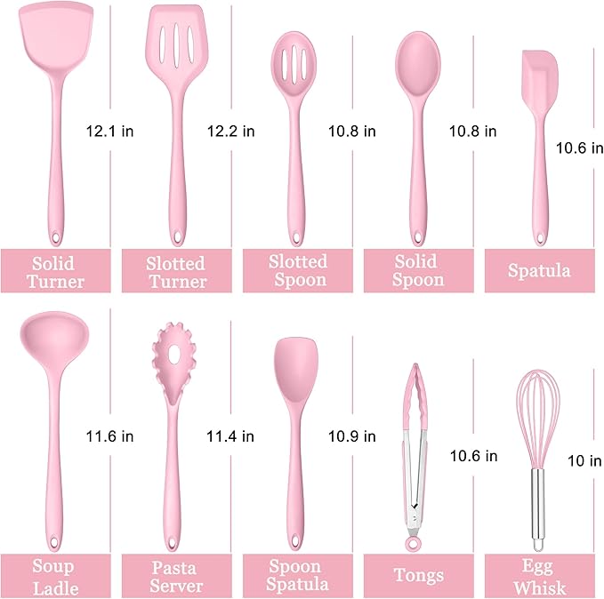 E-far Pink Silicone Cooking Utensils Set, 10-Piece Kitchen Utensil Set for Nonstick Cookware, Silicone Kitchen Tools with Spatula Turner Spoon Tongs Whisk, Heat Resistant & Non-Toxic, Dishwasher Safe - Image 2