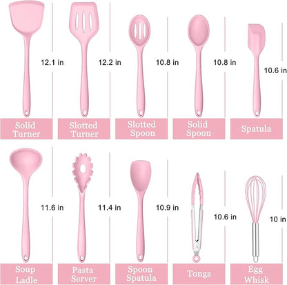 E-far Pink Silicone Cooking Utensils Set, 10-Piece Kitchen Utensil Set for Nonstick Cookware, Silicone Kitchen Tools with Spatula Turner Spoon Tongs Whisk, Heat Resistant & Non-Toxic, Dishwasher Safe - Image 2