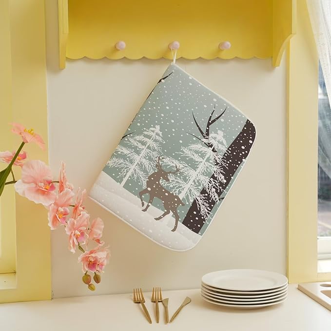Winter Dish Drying Mat 18 x 24 inch Winter Landscape Snow Tree Deer Decorative Drying Mats Microfiber Absorbent Holiday Dish Washable Draining Mat for Kitchen Counter Decor