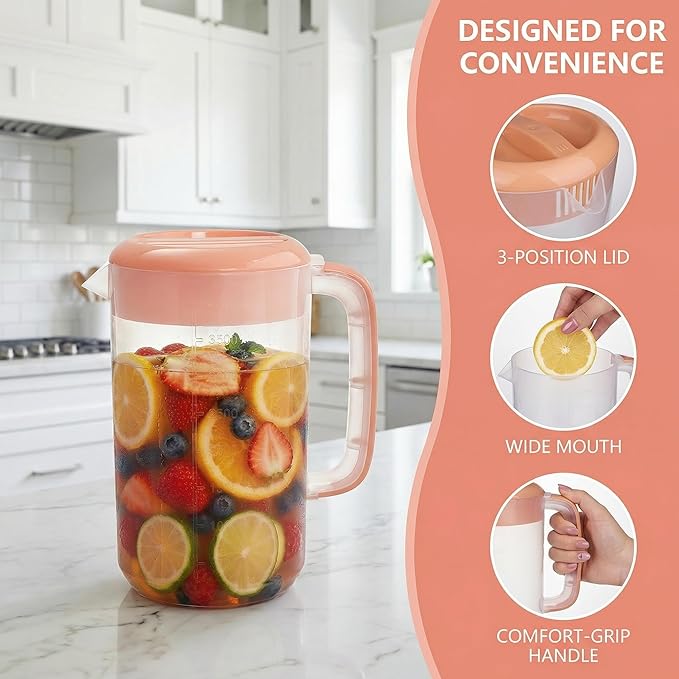 Jucoan 2 Pack 1 Gallon Plastic Pitcher with 3 Ways Lid, Large Gallon Water Ice Tea Pitcher with Handle Measurement for Party Outdoor, Freezer/Dishwasher Safe, BPA Free