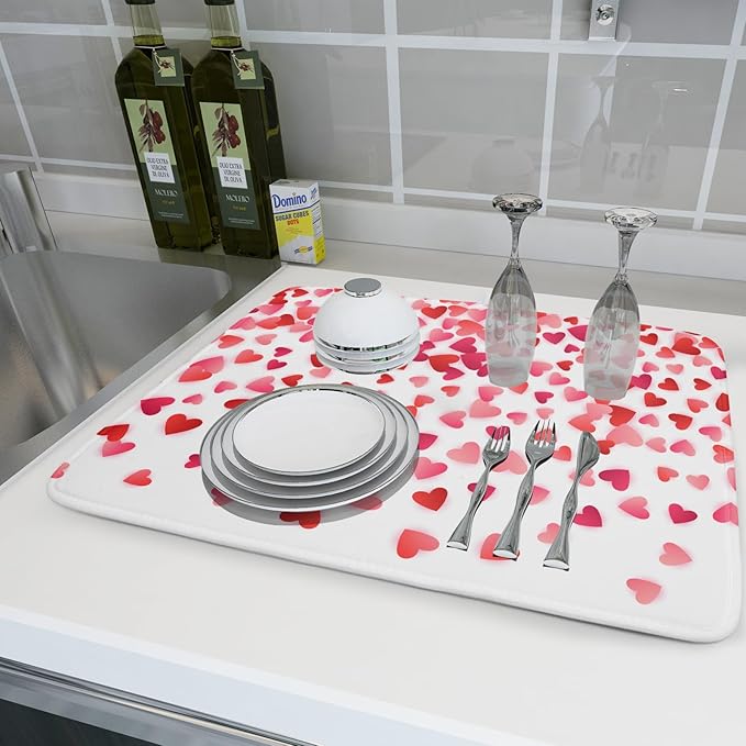 Valentine's Day Dish Drying Mat for Kitchen Counter Hearts Holiday Microfiber Absorbent Dish Draining Reusable Washable Foldable Extra Large 18"x24" - Image 6