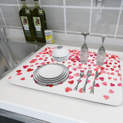 Valentine's Day Dish Drying Mat for Kitchen Counter Hearts Holiday Microfiber Absorbent Dish Draining Reusable Washable Foldable Extra Large 18"x24" - Image 6