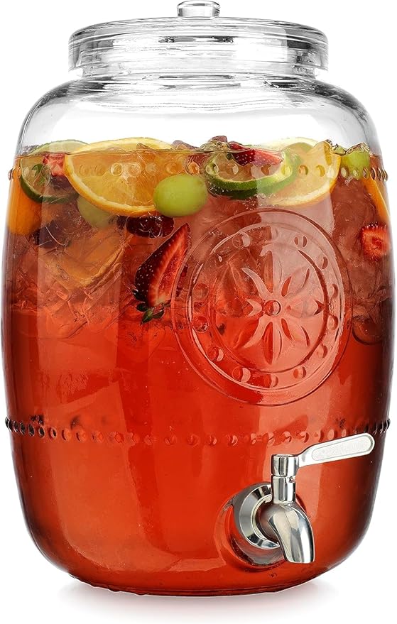 2.5 Gallon Glass Beverage Dispenser with Stainless Steel Spigot With Pinwheel Design 100% Leakproof Glass Drink Dispenser for Parties with Spout, Airtight Beverage Dispenser for Water Juice Laundry