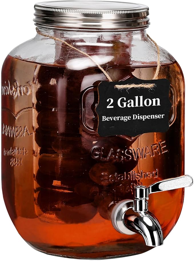 2 Gallon Drink Dispenser with 18/8 Stainless Steel Spigot, Sun Tea Glass Mason Jar for Outside, Iced Lemonade Beverage Dispenser with Ice Core, Large Water Juice Jug, Punch Dispenser for Parties