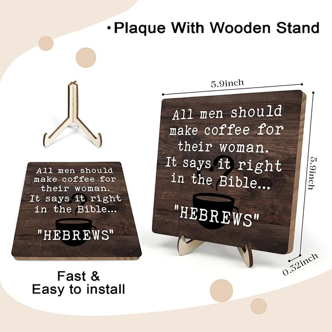 Vintage Coffee Bar Sign Plaque Signs for Coffee Station,Rustic Wooden Java Sign for Kitchen or Farmhouse Cafe Shelf,Fun Gifts for Friends,Dad,Mom 5.9"x5.9" -HEBREWS - Image 2