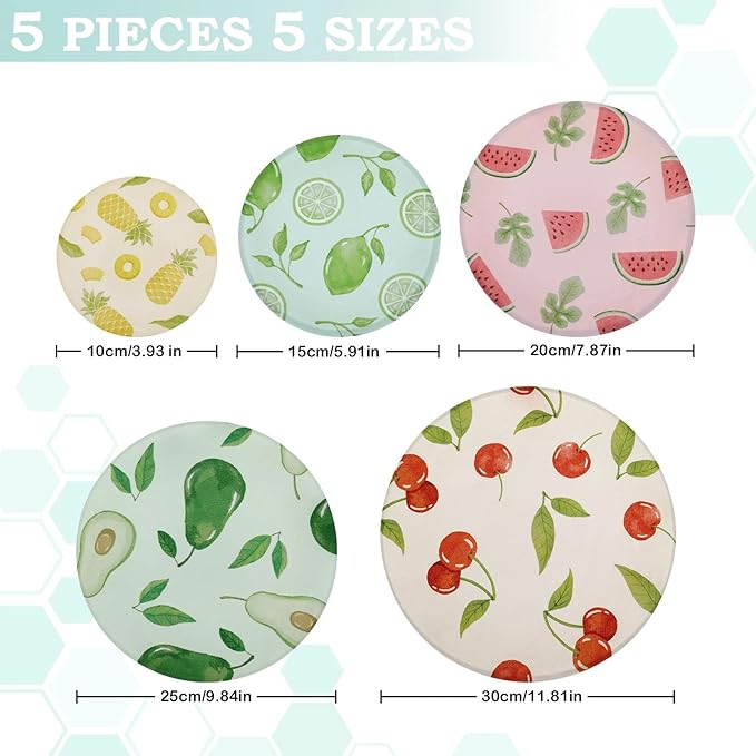 5-Size Reusable Beeswax Bowl Covers for Bread Proofing, Cotton Cloth Flexible Beeswax Wraps for Food Storage(Colored Fruit) - Image 2