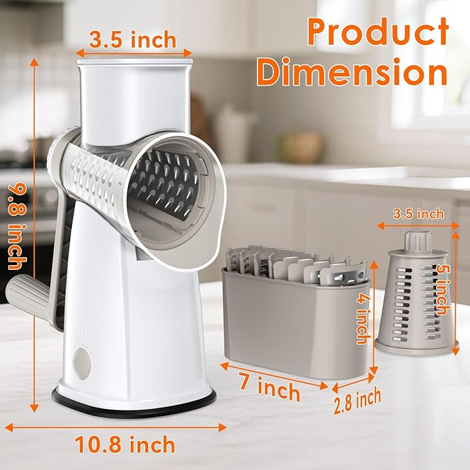 MealHelper 5 Blade Rotary Cheese Grater and Vegetable Chopper with Storage Box and Hand Crank, Compact Shredder for Cheeses, Veggies, Nuts - Easy to Use, Non-slip Suction Base,White - Image 9