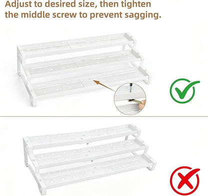 SANKEU Expandable Spice Rack Organizer for Cabinet 3 Tiered Metal Seasoning Organization with Guardrails Spice Shelf Storage for Jars Adjustable Length 13"-21" White 1Pack - Image 7