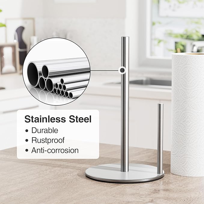 Paper Towel Holder Silver, Premium Stainless Steel Kitchen Roll Dispenser, Countertop Roll Organizer with Weighted Base - Image 3