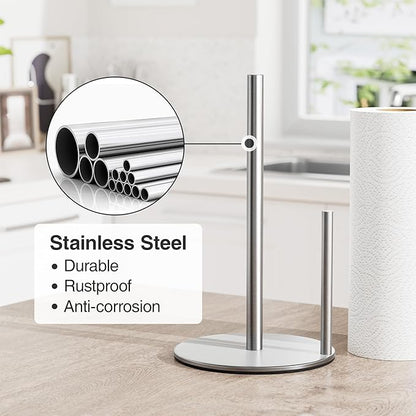 Paper Towel Holder Silver, Premium Stainless Steel Kitchen Roll Dispenser, Countertop Roll Organizer with Weighted Base - Image 3
