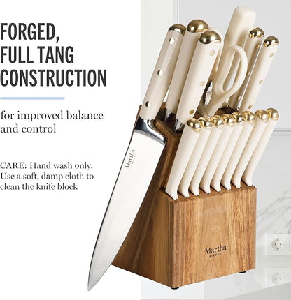 Martha Stewart Knife Block Set 16-Piece - Lockton High Carbon Stainless Steel Forged Full Tang Chef Knives, Acacia Wood Block, Triple Riveted Handles, Linen White & Gold - Image 2