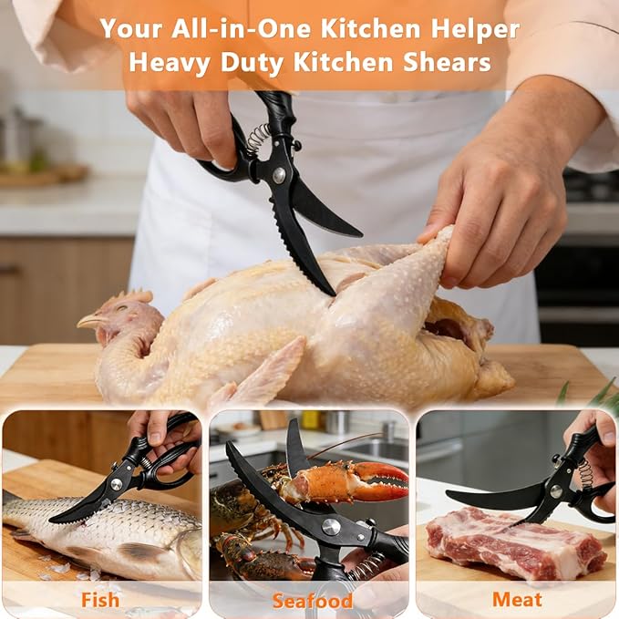 Kitchen Poultry Shears Heavy Duty, Stainless Steel Kitchen Meat Cutting Scissors for Food with Non-Slip Handle & Safety Lock, All Purpose Cooking Aid Scissors for Chicken, Bone, Turkey, Fish