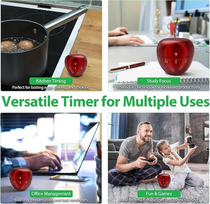 Stainless Steel Apple Kitchen Timer, Mechanical 60-Minute Manual Countdown, Glossy Red Metal Visual Timer for Professional Chef, Classroom Teacher Gift & Christmas Holiday Decor (Red Apple)
