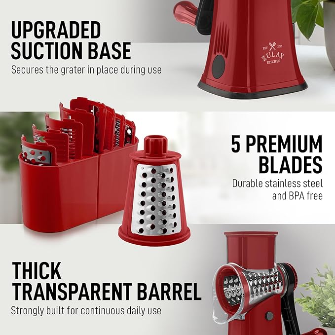 Zulay Kitchen Rotary Cheese Grater 5 Blade Cheese Shredder - Manual Hand Crank Cheese Grater With Reinforced Suction & 5 Interchangeable Drums - Easy to Use, Vegetable Chopper Round Mandoline Slicer - Image 7