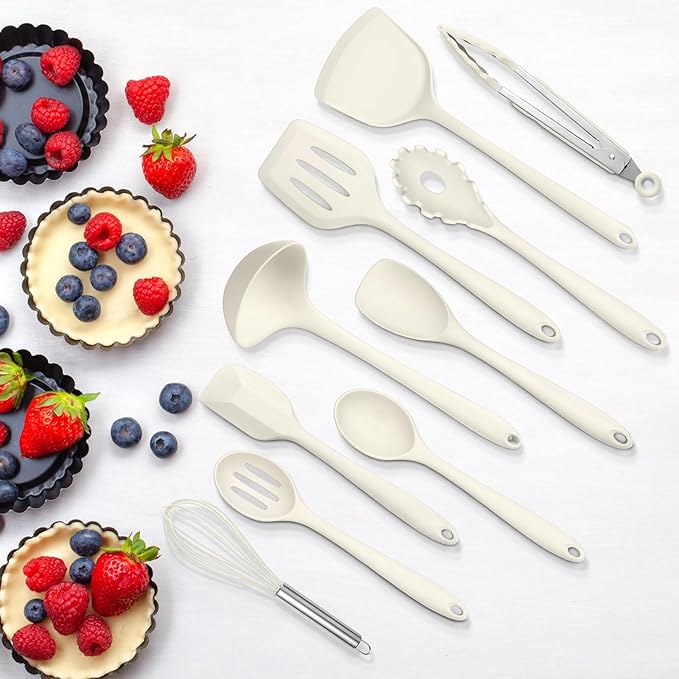 10 Pack Kitchen Utensils Set for Cooking, Leonyo Silicone Cooking Utensils Set, 446°F Heat Resistant Silicone Kitchen Tool with Turner Spatula, Serving Spoon, Whisk for Nonstick Cookware - White