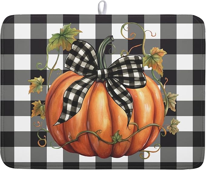 Fall Drying Mats for Kitchen Counter Fall Pumpkin Dish Drying Mat 18 x 24 Inch Autumn Black White Buffalo Check Dish Rack Mat Drainer Pad Thanksgiving Absorbent Microfiber Table Mat for Coffee Bar