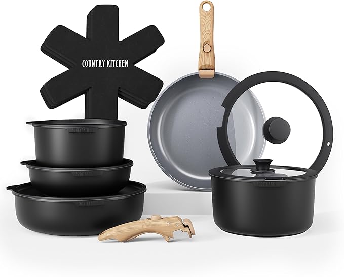 Country Kitchen Cookware Set with Removable Handle, Oven & RV Safe Pots and Pans Set, Black/Grey Wood Handle, Original by CountryKitchen