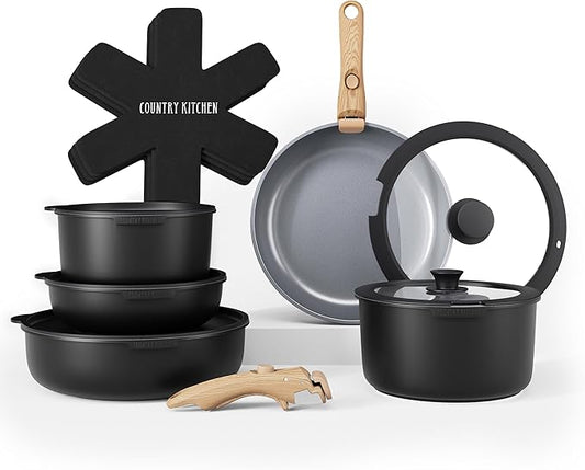 Country Kitchen Cookware Set with Removable Handle, Oven & RV Safe Pots and Pans Set, Black/Grey Wood Handle, Original by CountryKitchen