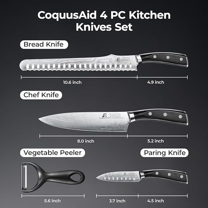 CoquusAid Kitchen Knives Set, 4 PCS Professional Chef Knife Set, Razor Sharp High Carbon Stainless Steel Knife Set, Ergonomic Handle Design, Ideal for Everyday Home Use, Perfect Gifts for Kitchen