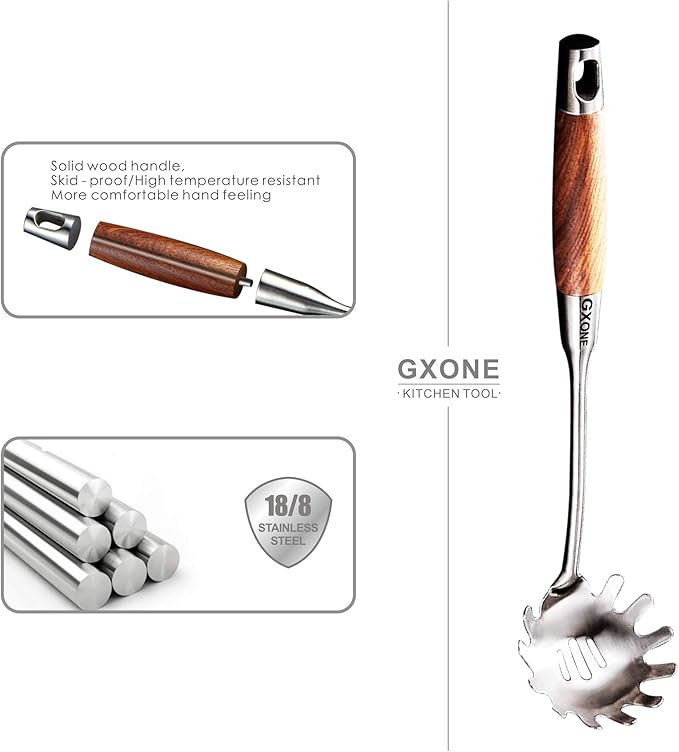 Spaghetti Spoon,304 Stainless Steel Pasta Spoon with Heat Resistant Wooden Handle,Silver/14.2Inch - Image 3