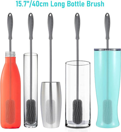15.7" Silicone Bottle Brush, ddLUCK Water Bottle Cleaner Brush for Stanley, Hydroflasks, Glass, Thermos Sports Bottle, Vase and Glassware, Bottle Brush Cleaner for Small Narrow Neck Containers (Gray)