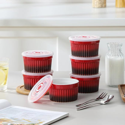 vancasso 6 oz Ramekins with Lid, Porcelain Creme Brulee Souffle Dishes, Red Pudding Custard Cups Ramiken for Baking, Dishwasher and Oven Safe, Set of 6 - Image 9