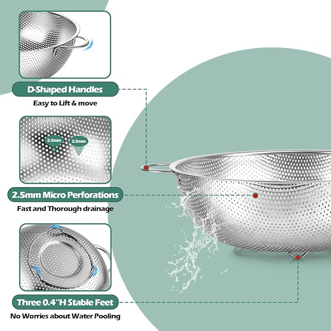Leonyo Stainless Steel Colander for Kitchen, Micro-Perforated Metal Strainer with Handles for Draining Pasta, Strainers and Colanders Set of 3(1-3-5Quart) for Rinsing, Steaming, Dishwasher Safe - Image 3