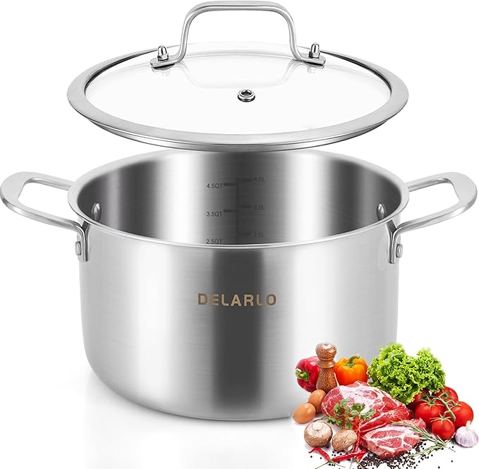 DELARLO Tri-Ply Stainless Steel Stock Pot, 5 Quart Stockpot with Lid, All Stoves Safe Up to 600℉, Saving Fuel 20%, Heavy Duty, Soup Pot with lid, Kitchen Essentials, Fast Even Heat by DELARLOCOOKWARE