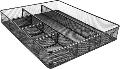 Amazon Basics Mesh Desk Drawer Organizer with 6 Compartments, Non-Slip Office Supplies Storage for Pens and Accessories, Black | Pack of 4 - Image 2