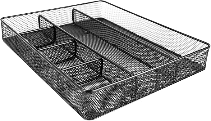 Amazon Basics Metal Mesh Desk Organizer with 6 Compartments, Anti-Slip Pen Holder Storage Tray for Office Supplies and Home, Black - Image 2