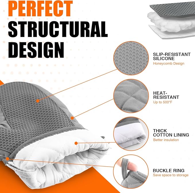 Silicone Oven Mitts, Heat Resistant 2PCS Oven Mitts with Soft Cotton Lining, Waterproof Non-Slip Grip Oven Glove, Kitchen Potholder Mits for BBQ, Baking, Cooking, 10.5Inch - Dark Grey - Image 3
