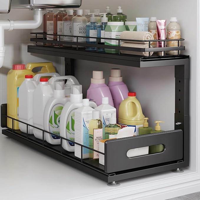 Under Sink Organizer Upgrade To Professional Rails,2-Tier Dual Pull Out Cabinet Storage,Height Adjustable Slide Out Drawers For Bathroom Kitchen,1 Pack-21"Dx12.8"-16.9"H,Black by UnderSinkOrganizer