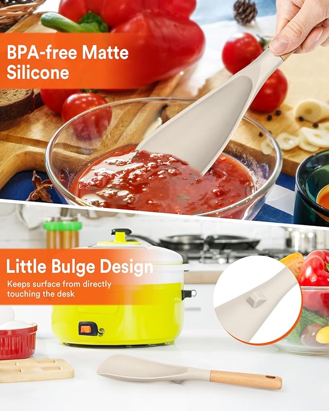 Cooking Spoon for Nonstick Cookwares, Great for Cooking and Serving Sturdy BPA-Free Matte Silicone, Wood Handle Spoon for Mixing, Scoop, and Scrape (2 Pack of Khaki, 11.4 inch) - Image 5