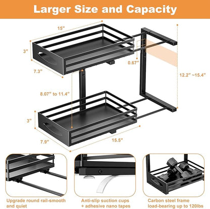 Under Sink Organizer, 2 Tier Under Sink Organizers and Storage, Adjustable Height, Slide out Metal Cabinet Organizers, Pull out Cabinet Storage Drawer Shelf for Kitchen Bathroom (Black, 1 Pack) - Image 4