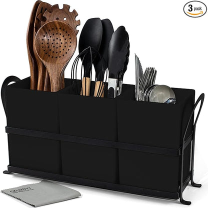 Czlizdyt Large Kitchen Utensil Holder, Drainage Utensil Caddy for Countertop, 3pcs Bins Set Cooking Utensil Organizer for Spoons, Spatulas, Black by CZLIADYT