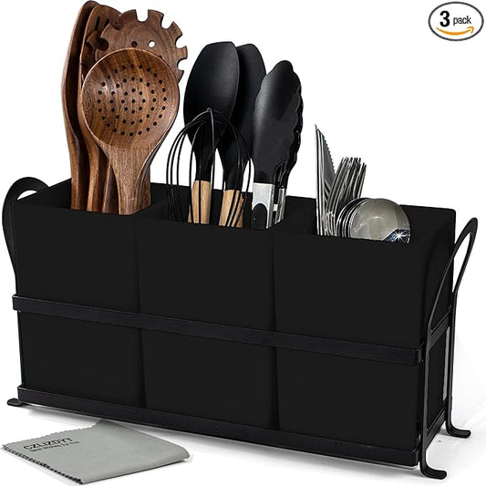 Czlizdyt Large Kitchen Utensil Holder, Drainage Utensil Caddy for Countertop, 3pcs Bins Set Cooking Utensil Organizer for Spoons, Spatulas, Black by CZLIADYT