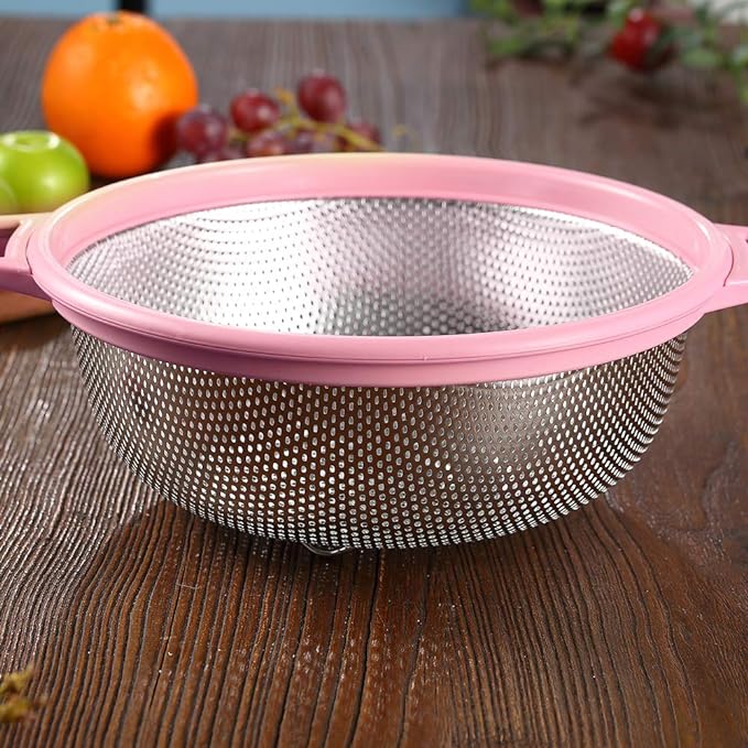 HiramWare Stainless Steel Colander With Handle and Legs, Large Metal Pink Strainer for Pasta, Spaghetti, Berry, Veggies, Fruits, Noodles, Salads, 5-quart 10.5” Kitchen Mesh Colander, Dishwasher Safe - Image 2