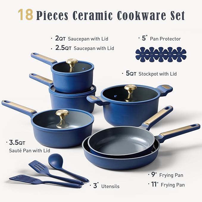 CAROTE Ceramic Cookwar Set, Pots and Pan Set Non Stick 18 Piece, Cookware Set Kitchen Cooking Set Non Toxic, PFAS PTFE Free, Blue - Image 2