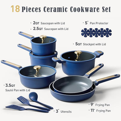 CAROTE Ceramic Cookwar Set, Pots and Pan Set Non Stick 18 Piece, Cookware Set Kitchen Cooking Set Non Toxic, PFAS PTFE Free, Blue - Image 2
