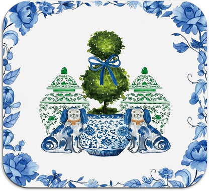 Chinoiserie Dish Drying Mat - Blue And White Green Porcelain Dish Drying Mat,Chinoiserie Dog Drying Mat For Kitchen Counter,Vintage Chinoiserie Drying Mat,Coffee Bar Mat,16x17.5 Inch