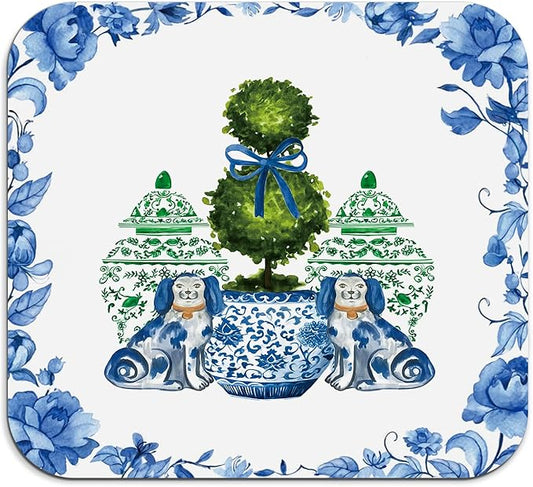 Chinoiserie Dish Drying Mat - Blue And White Green Porcelain Dish Drying Mat,Chinoiserie Dog Drying Mat For Kitchen Counter,Vintage Chinoiserie Drying Mat,Coffee Bar Mat,16x17.5 Inch