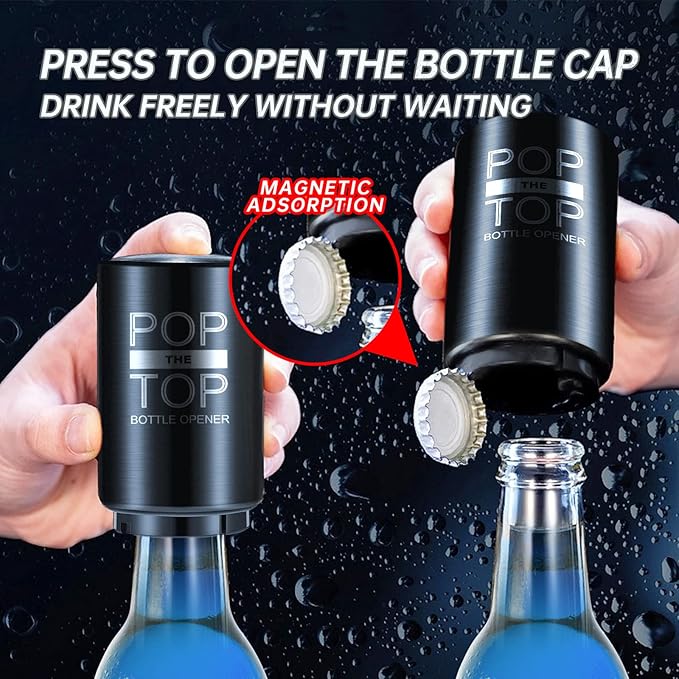 2PCS Automatic Beer Bottle Opener with Magnetic Cap Catcher, Pop-the-Top Stainless Steel One Handed Lid Opening Spring Loaded Push&Pop for Kitchen Bar Home Restaurant Utensils Beer Accessories Gift