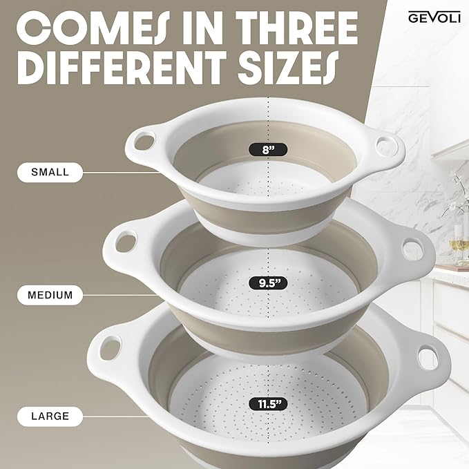 Gevoli Collapsible Colanders (3 Pack Set) Food Strainers with Over-Sink Water Draining Base for Pasta Fruits and Vegetables, White/Beige (3 Sizes, 3QT, 4QT and 5 Quart) - Image 3