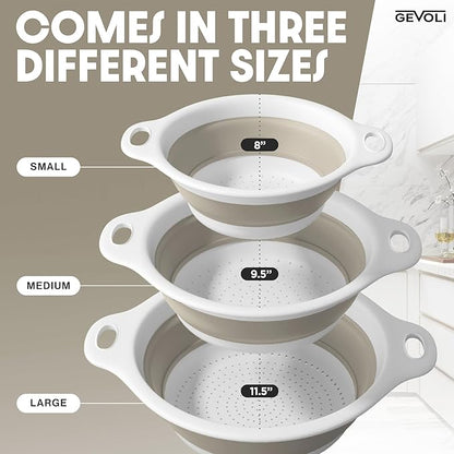 Gevoli Collapsible Colanders (3 Pack Set) Food Strainers with Over-Sink Water Draining Base for Pasta Fruits and Vegetables, White/Beige (3 Sizes, 3QT, 4QT and 5 Quart) - Image 3