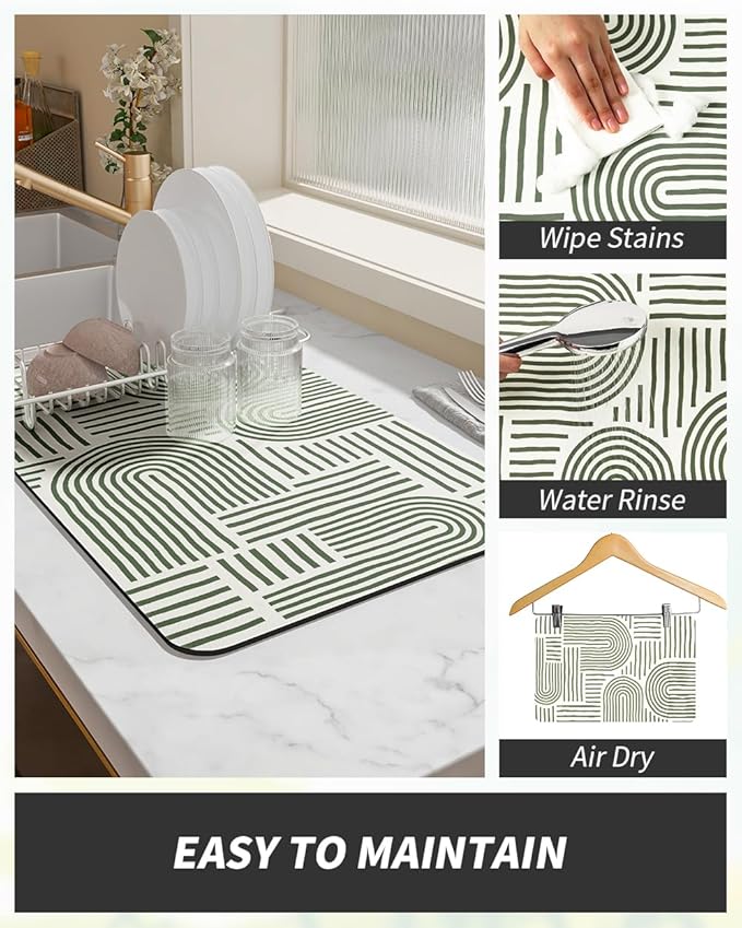 AMOAMI Coffee Mat Hide Stain Rubber Backed Absorbent Dish Drying Mat for Kitchen Counter - Fits Under Coffee Maker & Dish Rack - Green Line 12x19 - Image 4