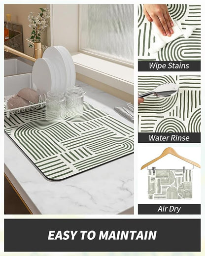 AMOAMI Coffee Mat Hide Stain Rubber Backed Absorbent Dish Drying Mat for Kitchen Counter - Fits Under Coffee Maker & Dish Rack - Green Line 12x19 - Image 4