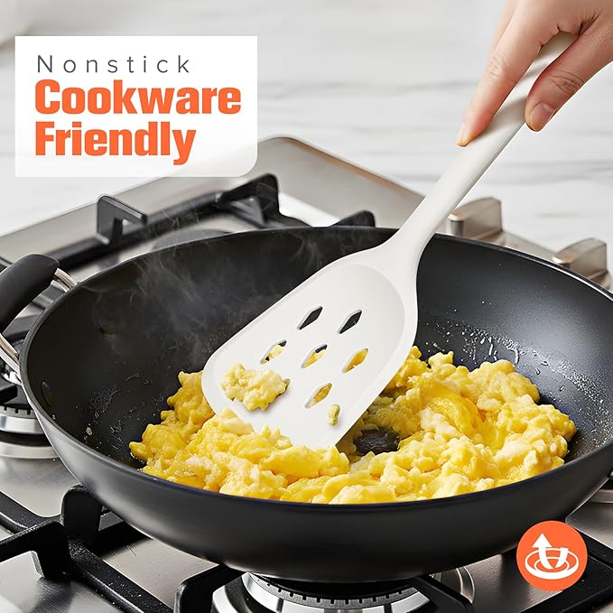 Large Silicone Utensils Set of 7 for Cooking,No Scratch for Nonstick Cookware,Pasta Server,Spaghetti Spoon,Slotted Spoon&Spatula,Solid Spoon&Spatula,Skimmer,Soup Ladle BPA Free Heat Resistant (White) - Image 2